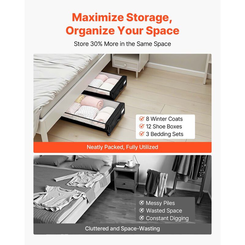 Set of 2 Under Bed Storage with Wheels, Clear Lid Rolling Bins for Clothes, Shoes, Blankets image number 2