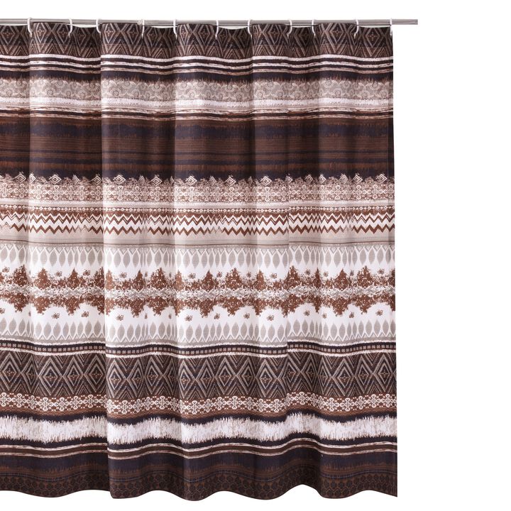 Roca 72 Inch Shower Curtain, Coffee Brown Striped Printing, Button Holes-Benzara