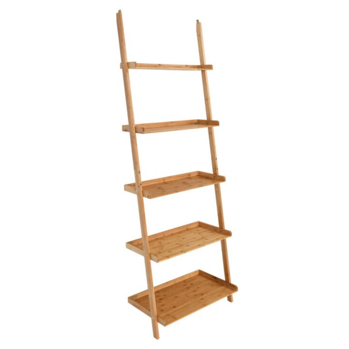 Hivvago 5-Tier Ladder Shelf Bamboo Bookshelf Wall-Leaning Storage Display Plant Stand-Natural