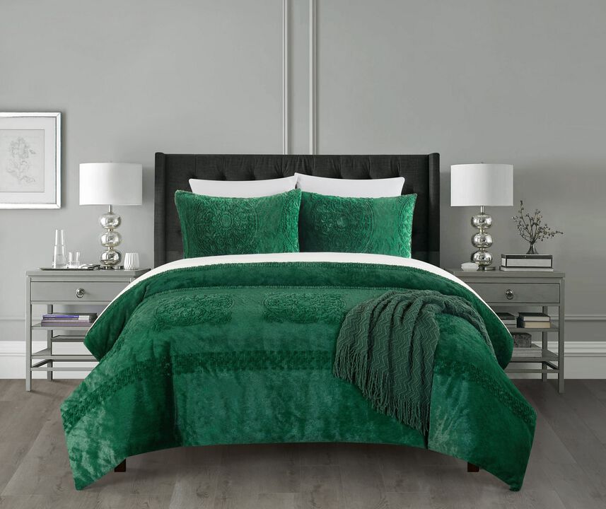 Chic Home Amara Comforter Set Embossed Mandala Pattern Faux Fur Micromink Backing Bedding - Pillow Shams Included - 3 Piece - Queen 90x92", Green