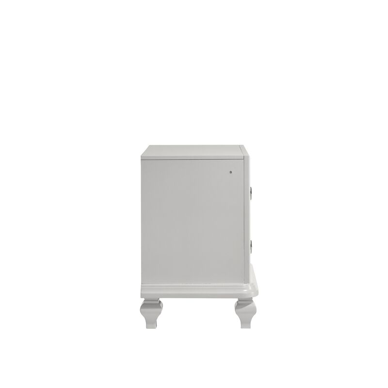 Stacy Nightstand with 2 Drawers and LED Lights, Silver and White Wood