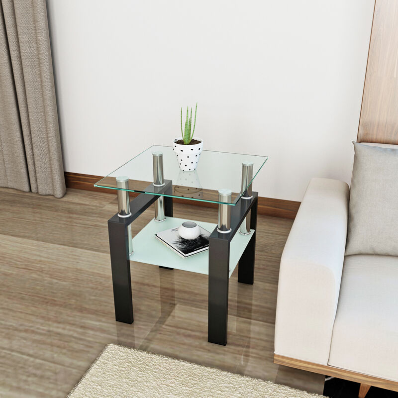 1-Piece Modern Tempered Glass Tea Table Coffee Table End Table, Square Table for Living Room, Transparent/Black