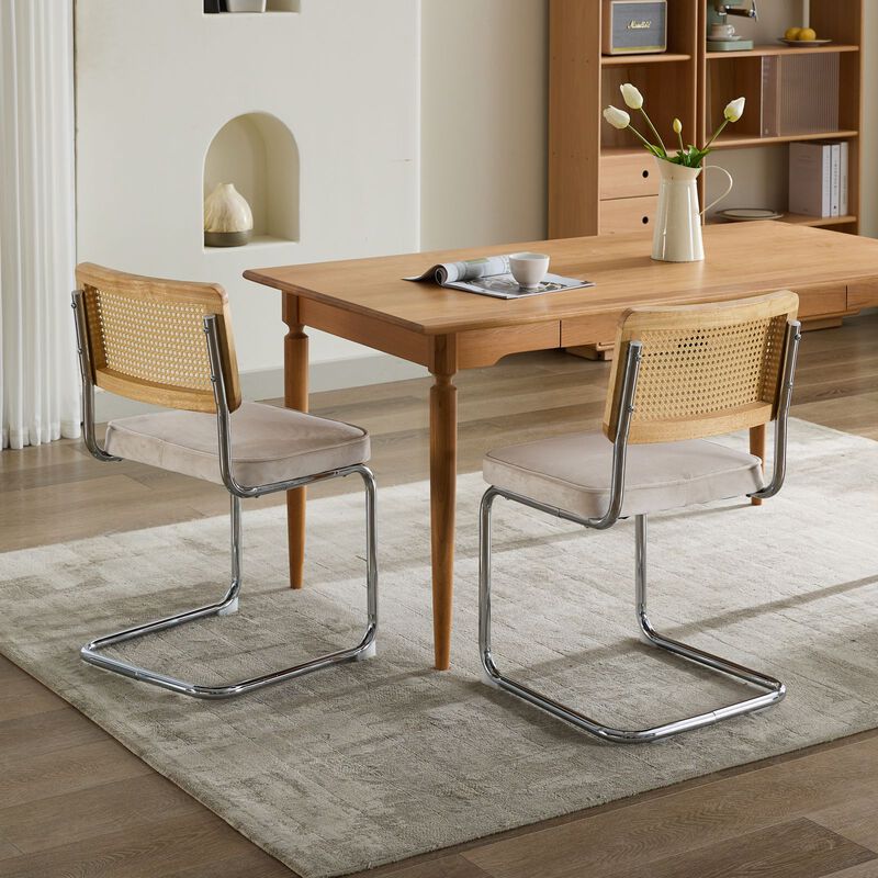 Whisen 2-Piece Mid Century Dining Chairs, Velvet Upholstered with Cane Back & Chrome Base, Cantilever Design for Kitchen image number 4