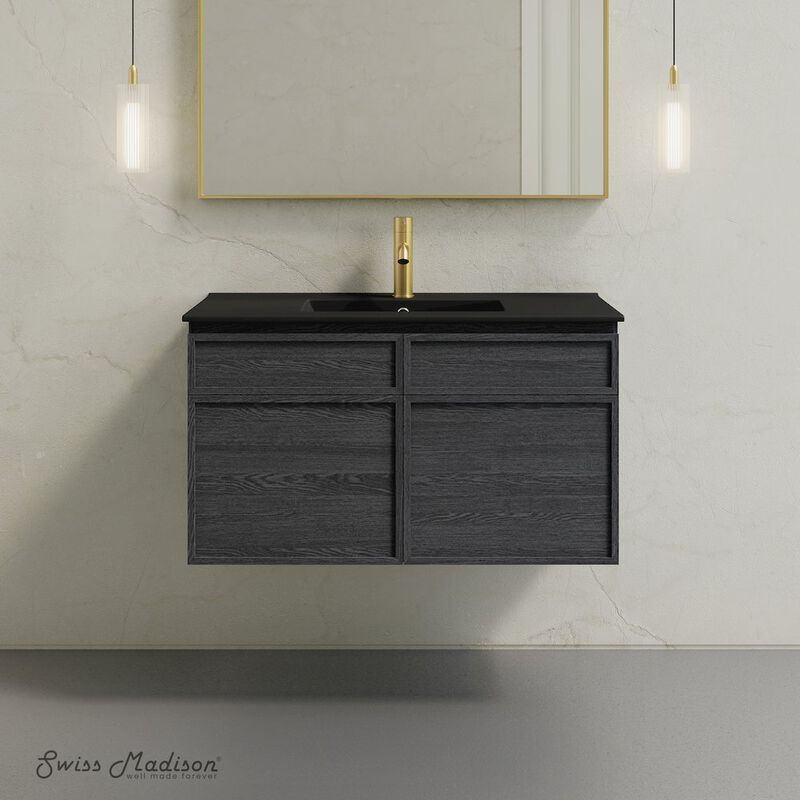 St. Tropez 36" Wall-Mounted Bathroom Vanity in Black Oak with Black Sink Top image number 1