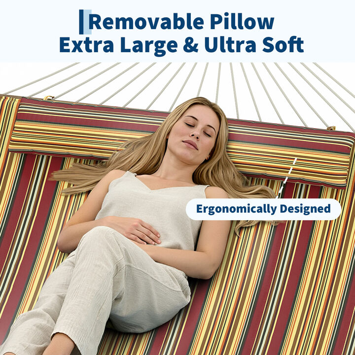 Double Hammock for 2 &ndash; Quilted, Spreader Bar, Removable Pillow, Adjustable Steel Frame, 500 lbs &ndash; Patio, Garden, Beach