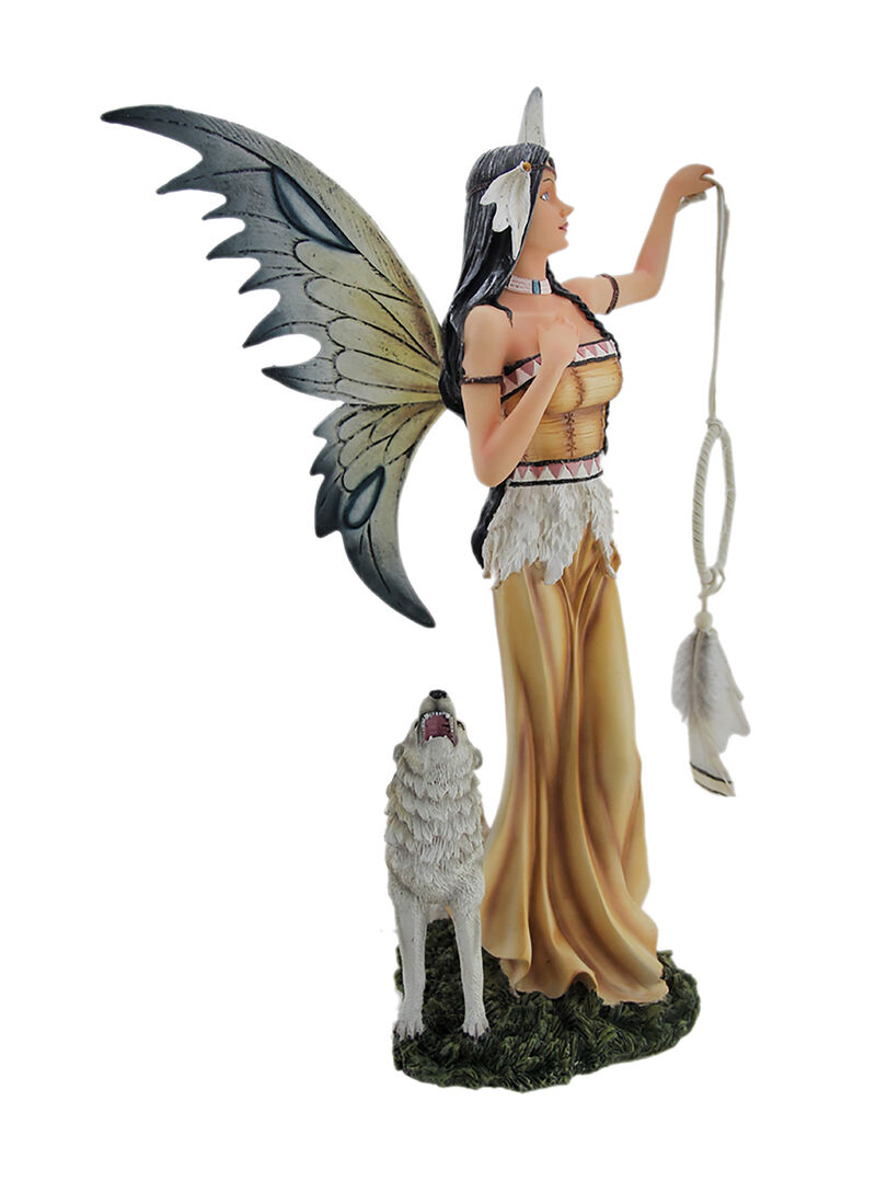 Una and Tala The Native American Dream Fairy and White Wolf Statue image number 1