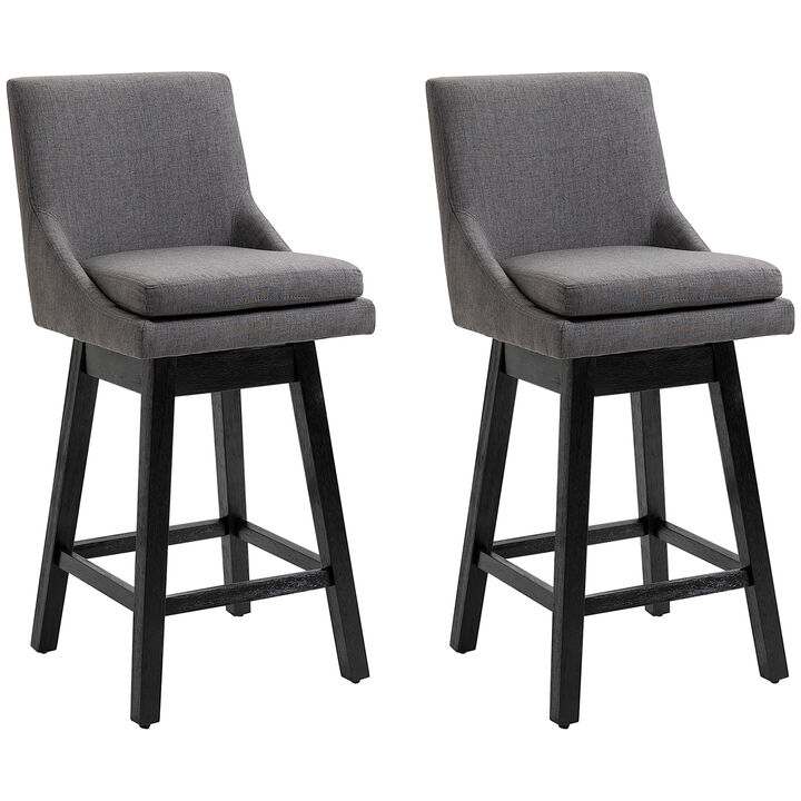 HOMCOM Bar Height Bar Stools Set of 2, Armless Upholstered Swivel Barstools Chairs with Soft Padding Cushion and Wood Legs, Dark Gray