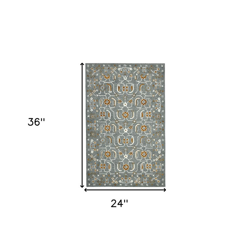 HomeRoots 2' X 3' Orange Gray And Ivory Wool Floral Medallion Hand Hooked Area Rug image number 6