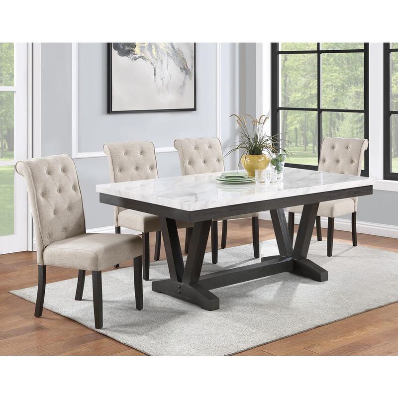 5pc Dining set, Faux Marble Wrap Table set with Beige linen dining chairs