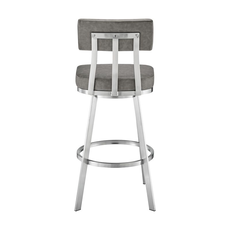 Poni 30 Inch Swivel Barstool Chair, Cushioned Seating, Gray Faux Leather - Benzara