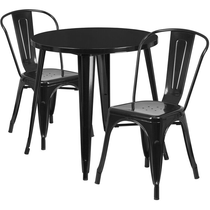 Flash Furniture Commercial Grade 30" Round Black Metal Indoor-Outdoor Table Set with 2 Cafe Chairs