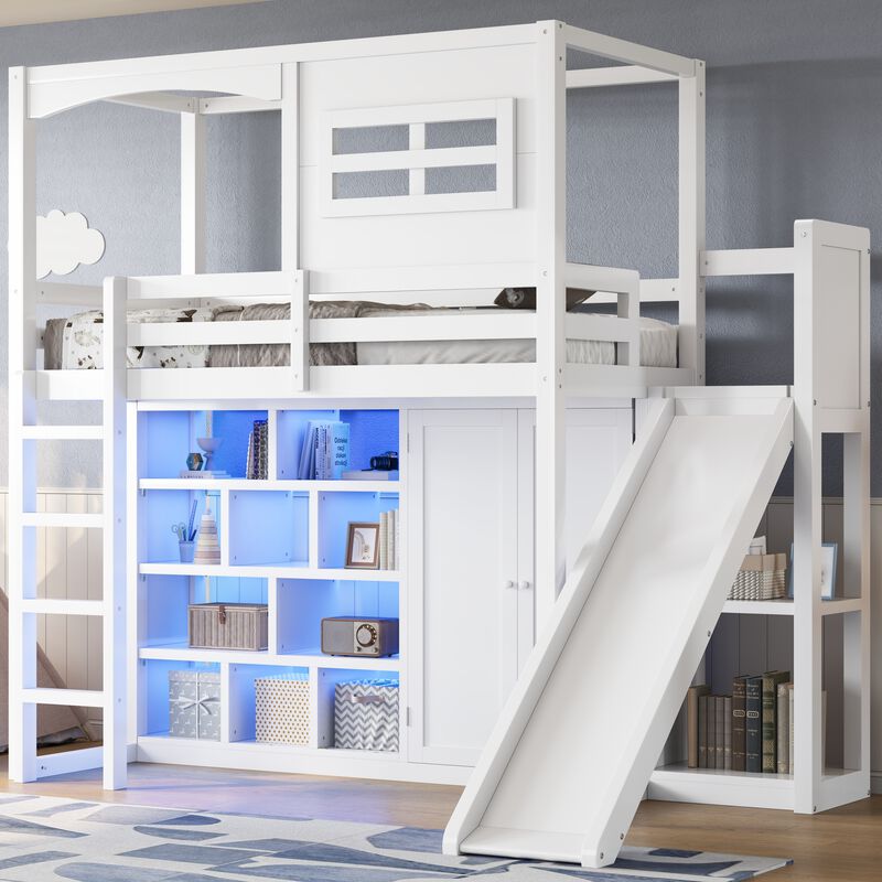 Merax Twin Size White Wooden House Loft Bed with Wardrobe, Storage Shelf image number 2
