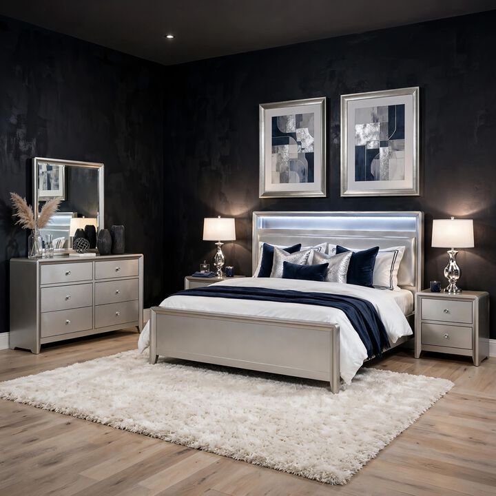 Broy 5pc Queen Bedroom Set, LED Bookcase Headboard, 2 Nightstands, Silver