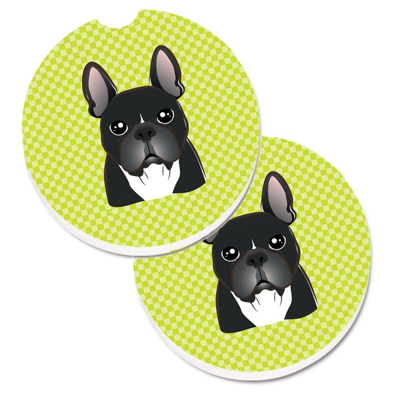 Caroline's Treasures Checkerboard Lime green French Bulldog Set of 2 Cup Holder Car Coasters BB1289CARC, 2.56, Multicolor