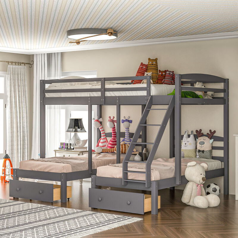 Full over Twin & Twin Bunk Bed, Triple Bunk Bed with Drawers, Gray