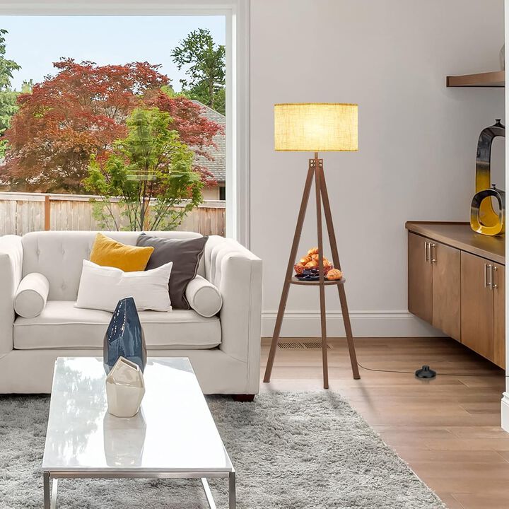LEPOWER Tripod Floor Lamp, Wood Standing Lamp, Shelf Floor Lamps for Living room, Bedroom, Office, Flaxen Linen Shade with E26 Lamp Base