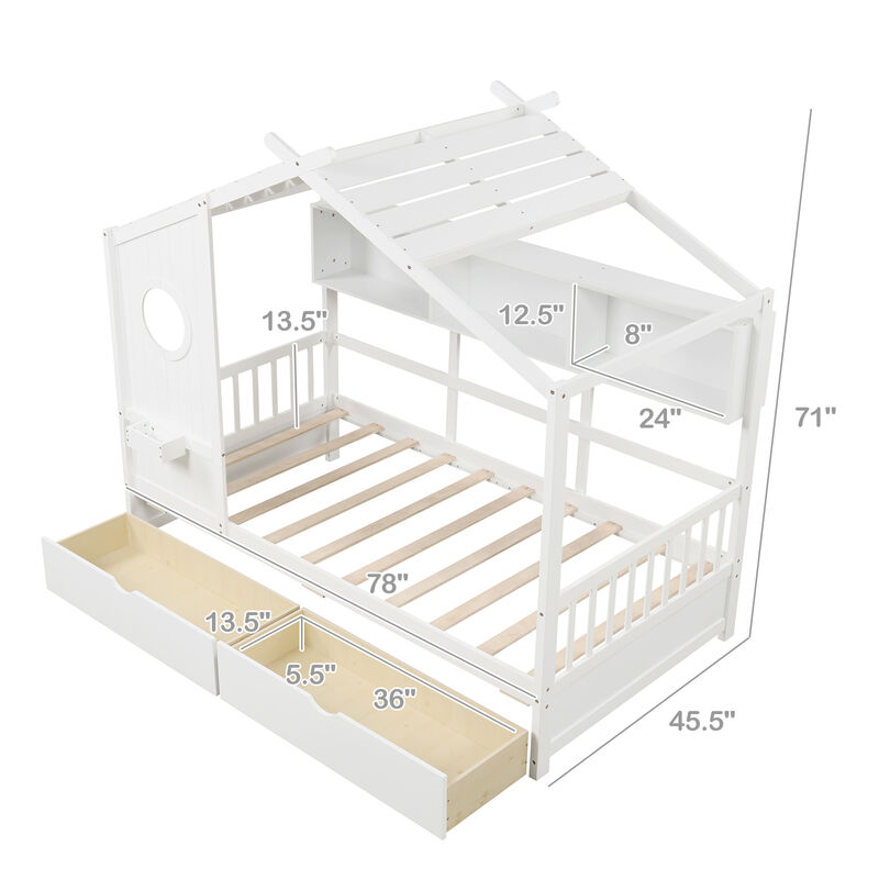 Low House Bed with Enclosed Guardrails and Pull-out Drawers