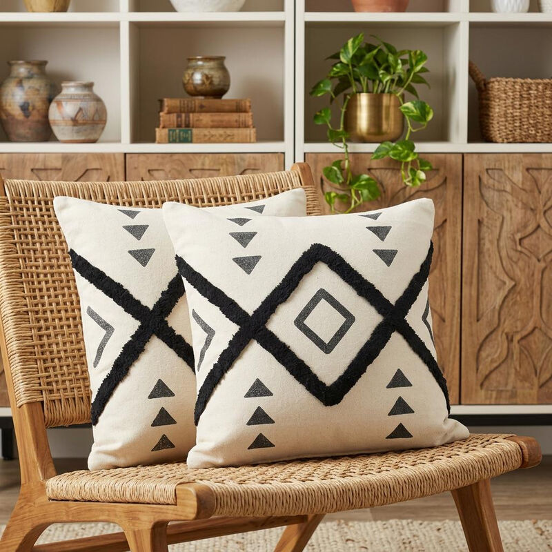 HomeRoots Set of Two 20" Natural And Black Geometric Cotton Throw Pillows with Texture image number 1