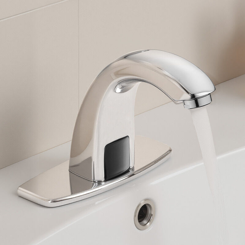 Touchless Restroom Faucet with Hole Cover, Battery Operated, Adjustable Water Temp-Silver image number 1