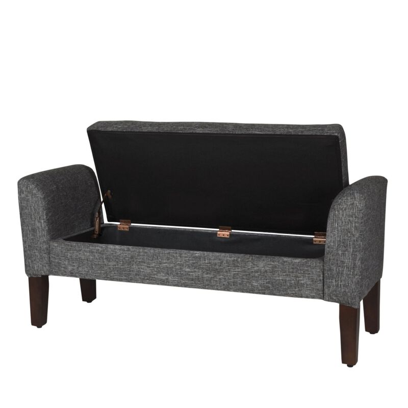 Fabric Upholstered Wooden Bench with Lift Top Storage and Tapered Feet, Dark Gray - Benzara