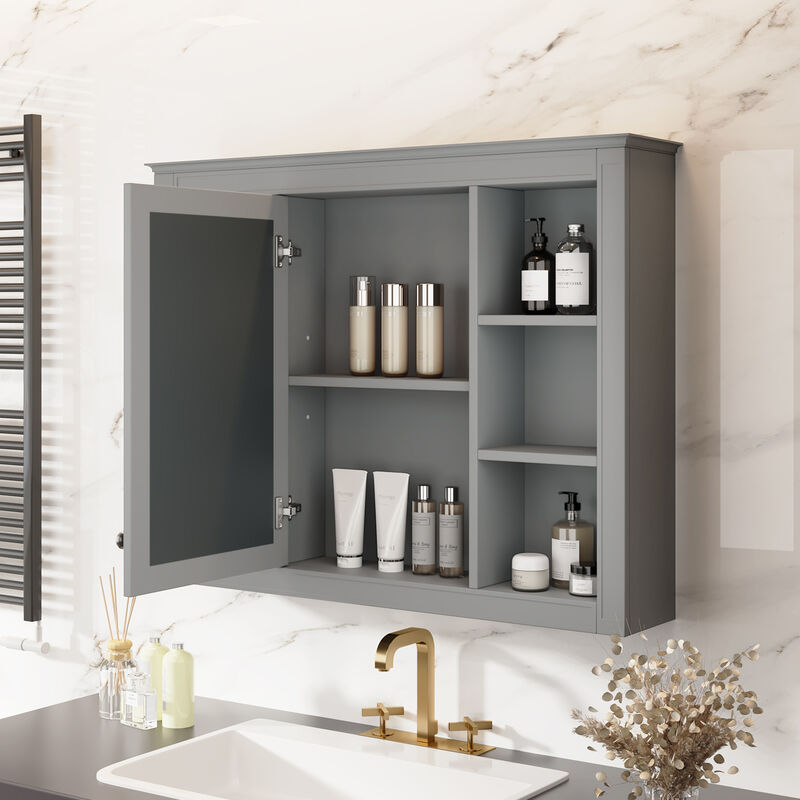 Mirror Medicine Cabinet with 6 Open Shelves for Bathroom Storage