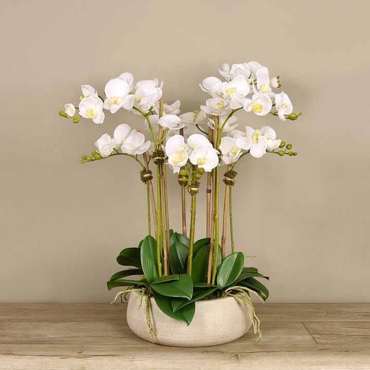 Artificial White Orchid Centerpiece Arrangement In Beige Planter- 24"