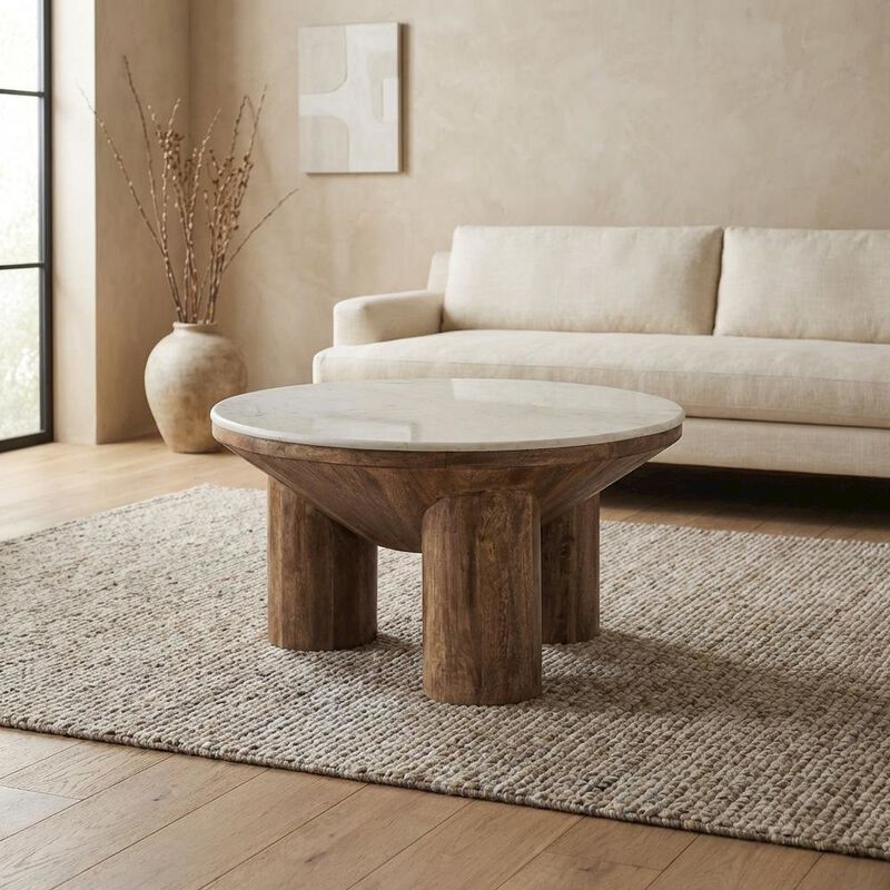 Wood Coffee Table with Marble Top, 33-Inch Round, Modern Design image number 4