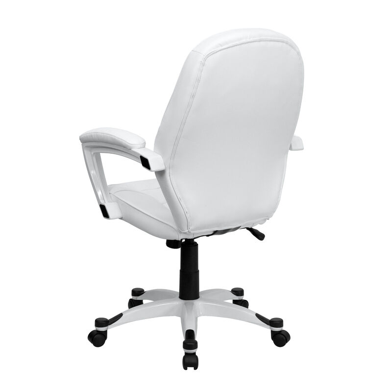 Quincey Mid-Back White LeatherSoft Tapered Back Executive Swivel Office Chair with White Base and Arms image number 4