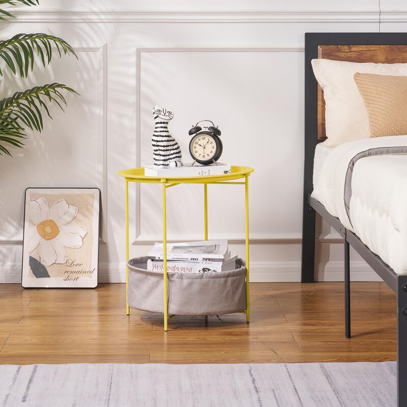 VECELO Round Side/End Table with Fabric Storage Basket