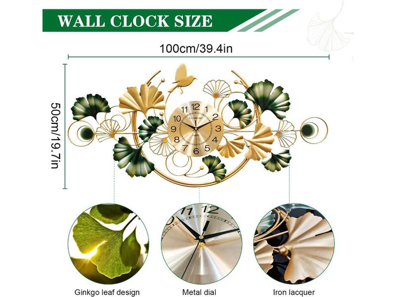 47"x 21" Large 3D Ginkgo Leaf Wall Clock - Silent Non-Ticking Metal Decor for Living Room & Office image number 2