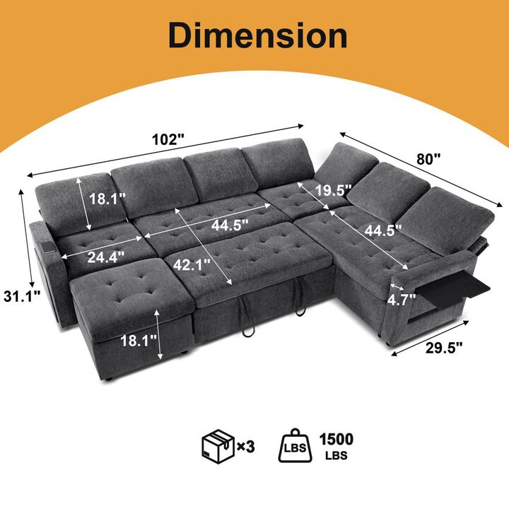 102" L-Shaped Chenille Modular Sectional Sleeper Sofa with Pullout Bed, Reclining Backrest, USB