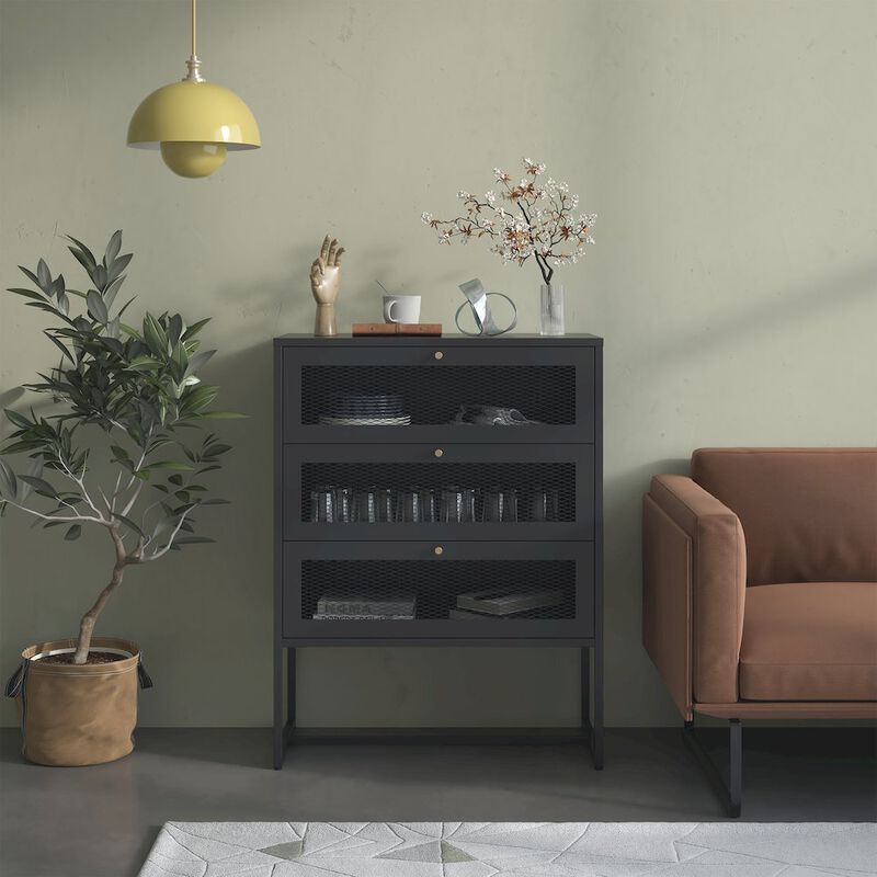 Glamour Home Bentley 41.34-inch Black Three Drawer Cabinet with Mesh Doors