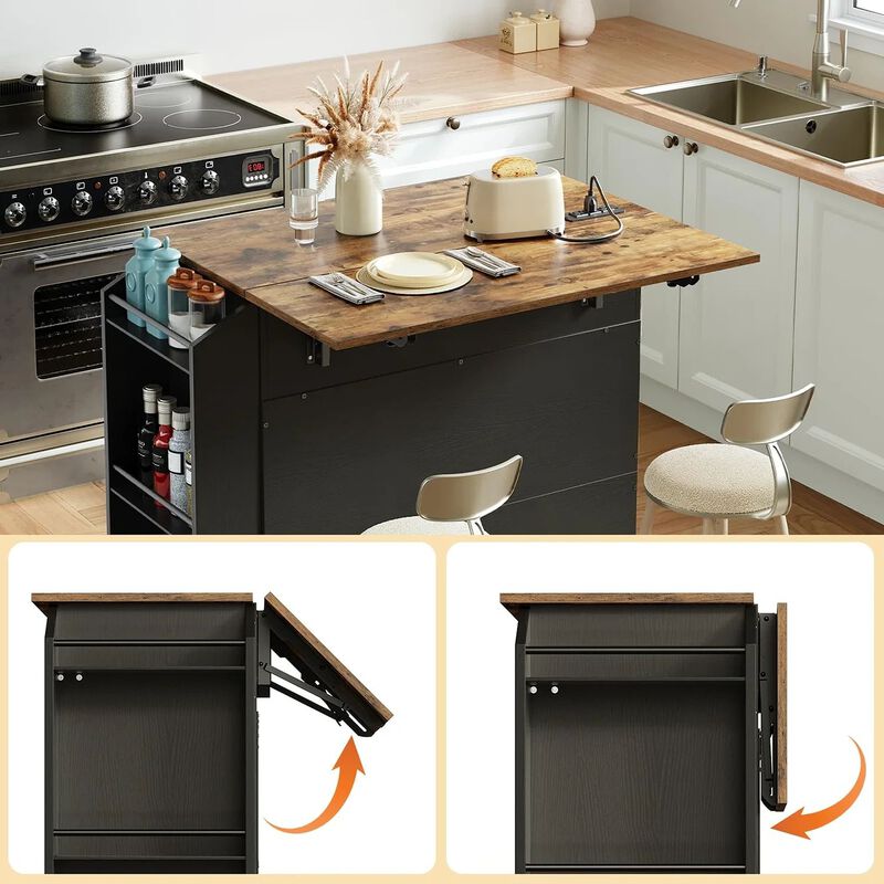 Rolling Kitchen Island with Drop Leaf Tabletop and Power Outlet Station- Black image number 9