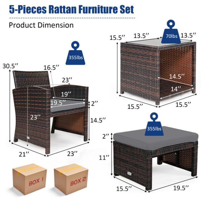 Hivvago 5 Pieces Patio Rattan Furniture Set with Ottoman and Tempered Glass Coffee Table