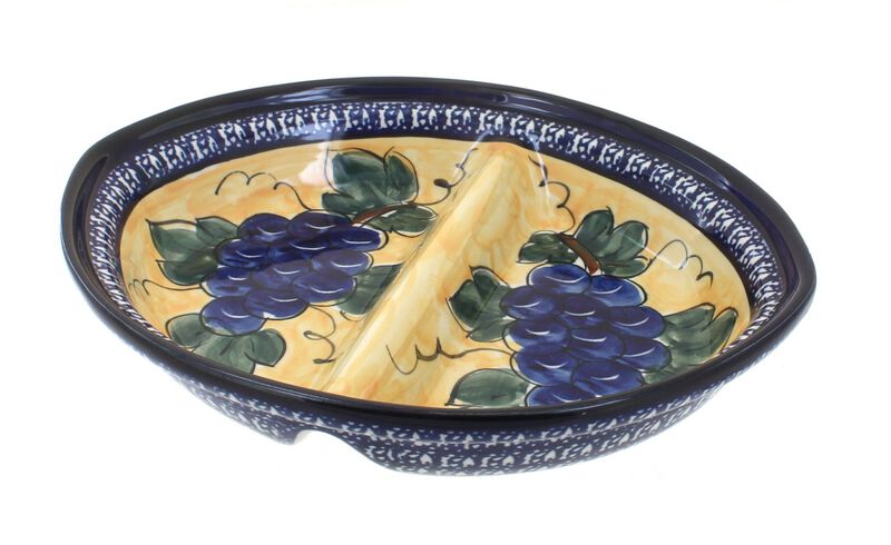Blue Rose Polish Pottery Grapes Large Divided Dish with Cobalt Trim