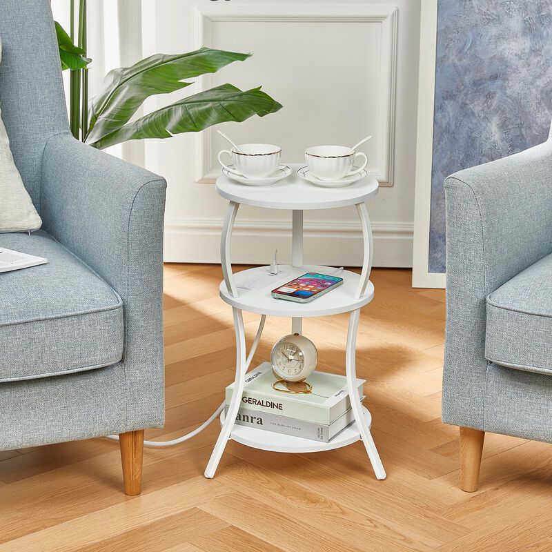 Small Round Side Table with Charging Station, 3-Tier Waist Circular End Table with Storage Shelf, Compact Tea Sofa Side Table Sm
