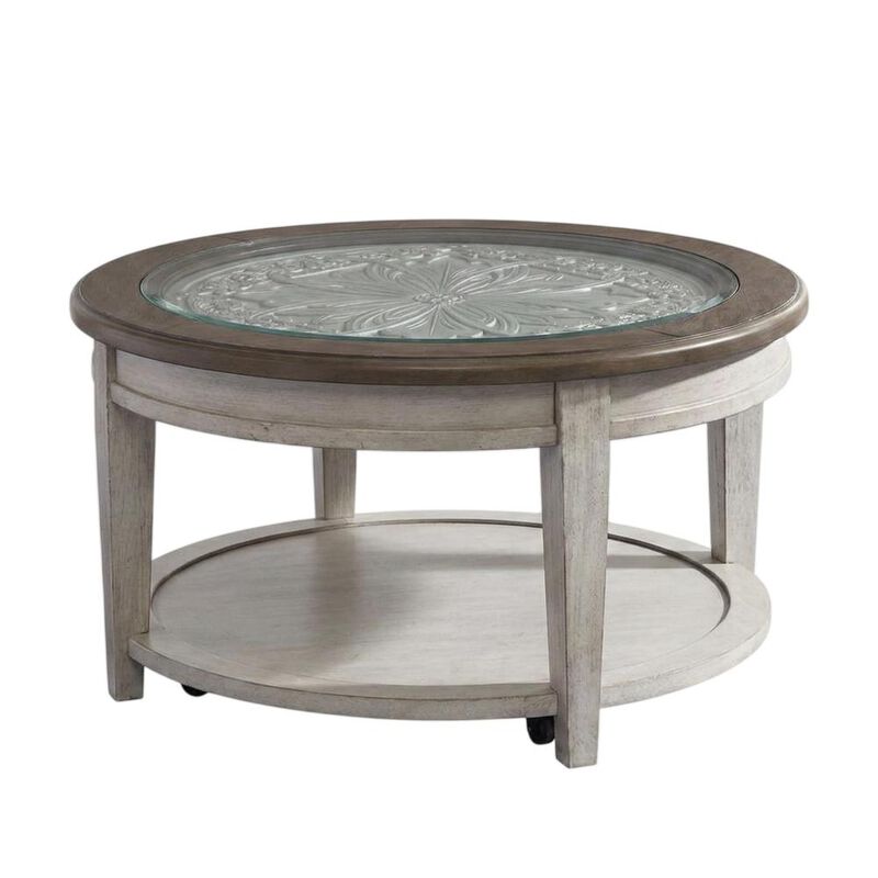 Liberty Furniture Heartland Round Ceiling Tile Cocktail Table in Antique White w/ Tobacco Top image number 0