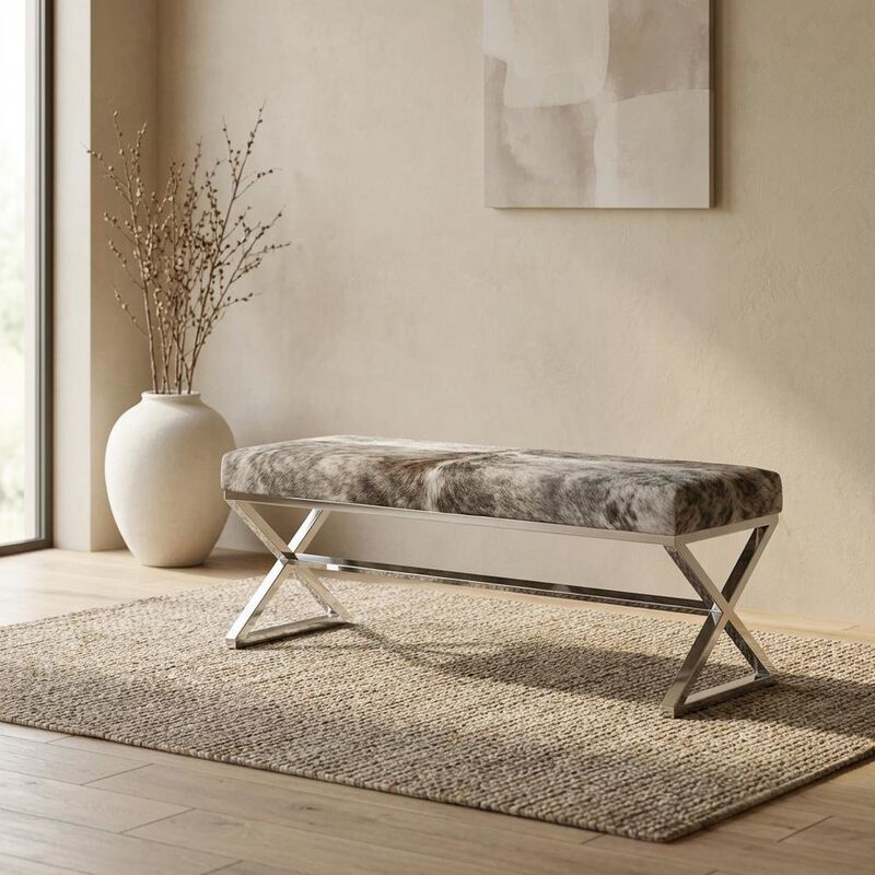 Starlight Canyon Home Cowhide Upholstered Bench, Contemporary Entryway Bench for Living Room, Gray image number 4