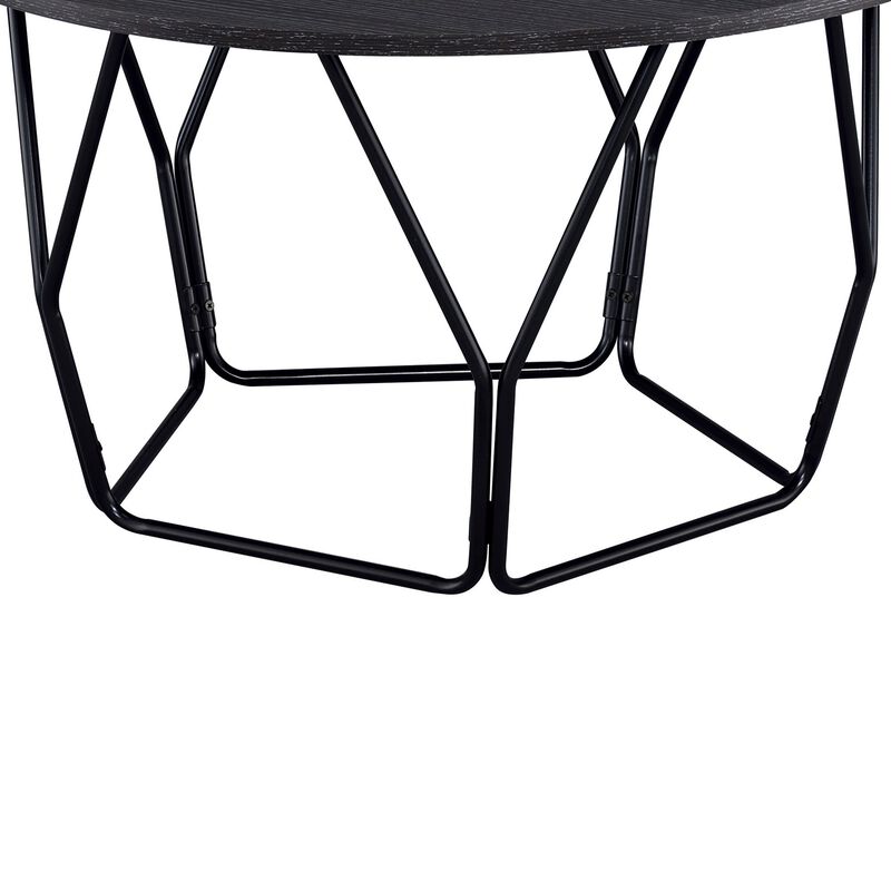 Industrial Round Top Wooden Coffee Table with Geometric Base, Black-Benzara