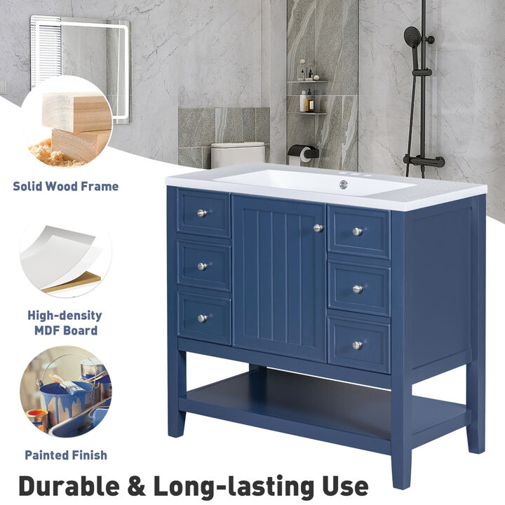 36" Bathroom Vanity without Sink, Cabinet Base Only, One Cabinet and three Drawers, Blue