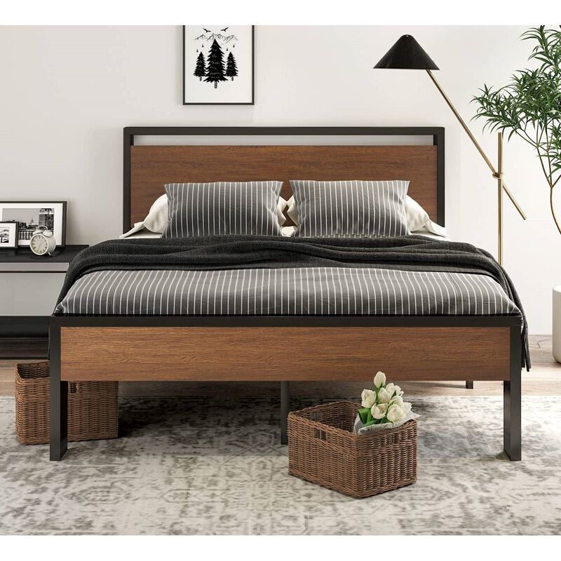Hivvago Queen Metal Platform Bed with Walnut Finish Wood Panel Headboard Footboard
