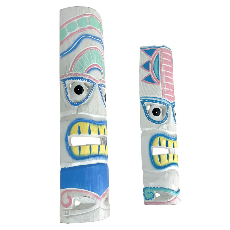 Set of 2 - 20" Pastel Pink & Blue Tiki Masks Wood Wall Decor Indoor/Outdoor image number 1