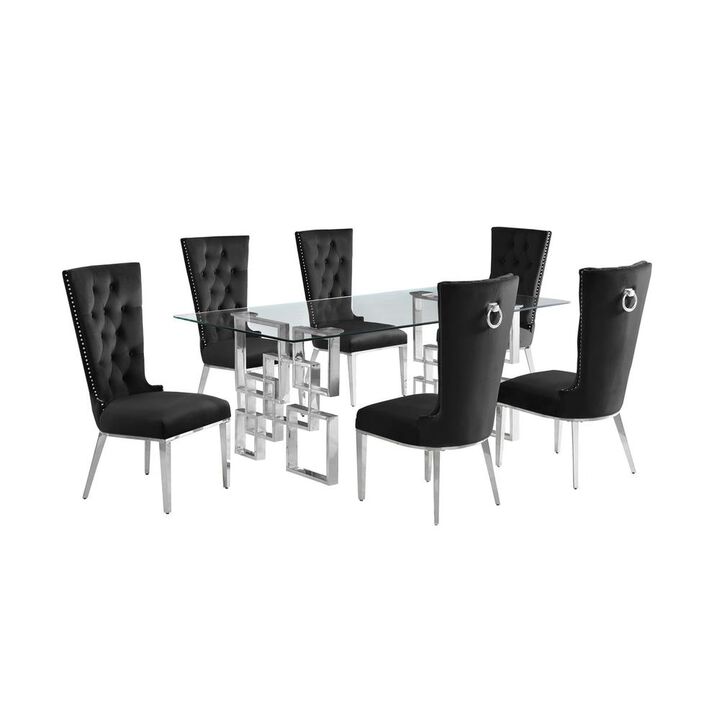 7-piece glam dining set with 6 black chairs and a 79" long glass  table