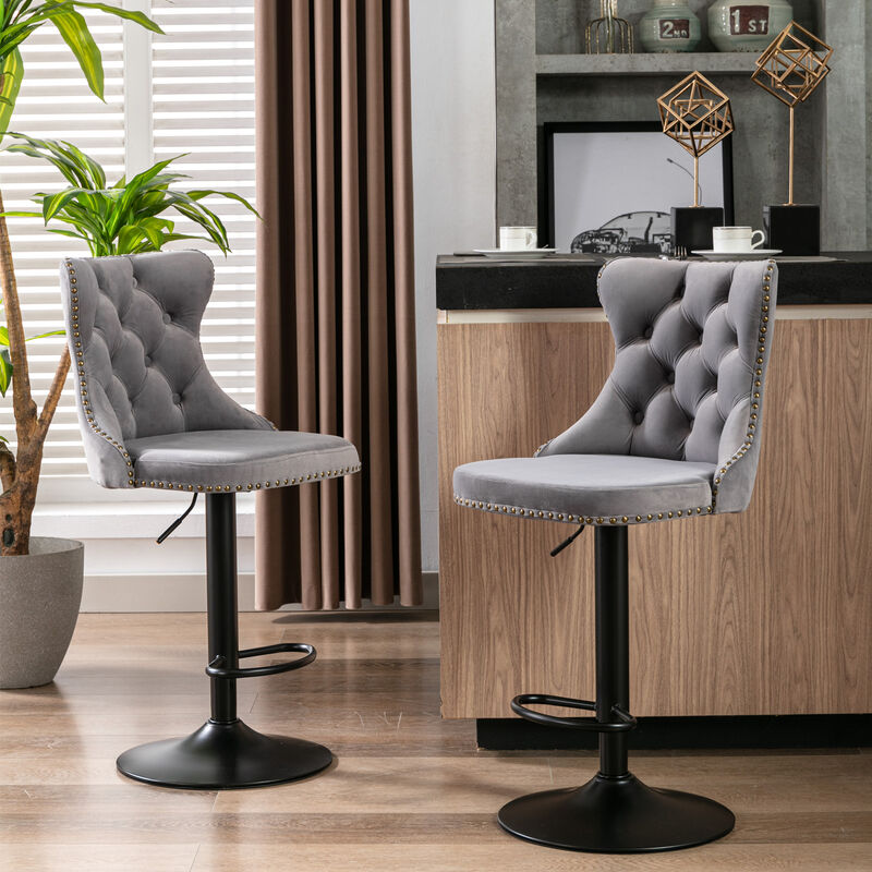Set of 2 Swivel Velvet Bar Stools Adjustable Seat Height, Upholstered Chrome Base Bar Stools image number 2