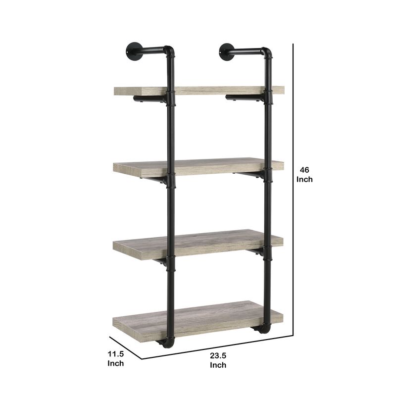 24 Inches 4 Tier Wood and Metal Wall Shelf, Gray and Black-Benzara