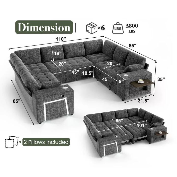 Vipbear 110" Modular Sectional Sleeper Sofa, 8-Seater Chenille U-Shaped Couch with Pull-Out Beds