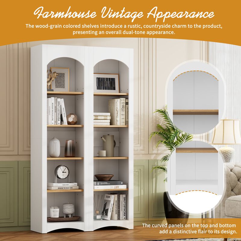 Free Standing 5 Tier Bookshelves, Bookcases Set of 2, Farmhouse Two-Tone Storage Cabinet with Adjustable Shelves, Modern 72"H Kitchen Pantry Cabinet for Living Room, Home Office, White