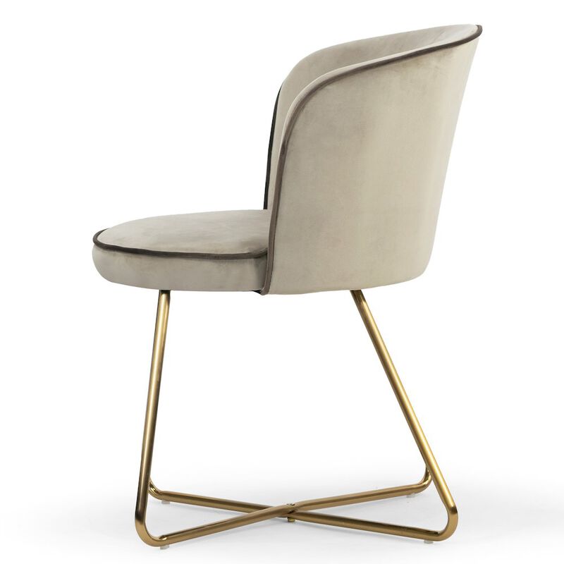 Glamour Home Set of 2 Beige Velvet Dining Chair Contrasting Piping and Golden Metal Legs