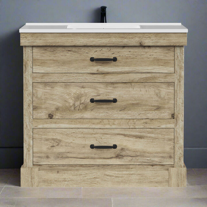 Teamson Home Donovan 36" Single Bathroom Vanity with Integrated Square Sink and Two Drawers, Light Oak