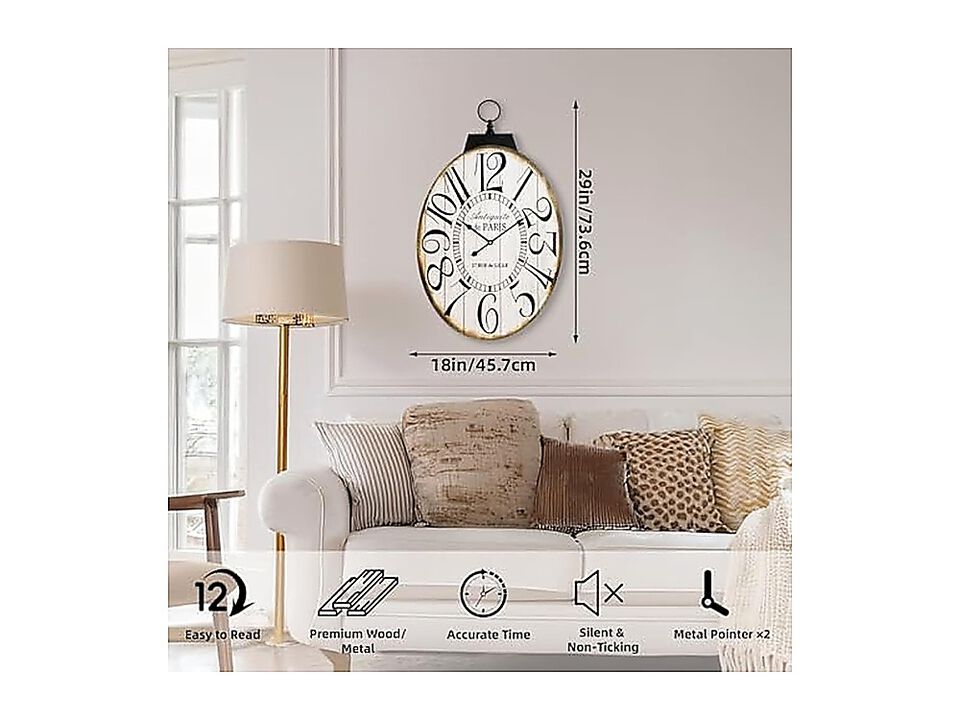 Large Wall Clocks 29 Inch High Oversized Oval French Vintage Farmhouse Design